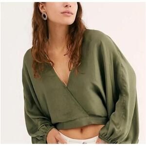 Free People Midnight Vibes Silky Dolman SIZE MEDIUM Long Sleeve Crop Olive Green